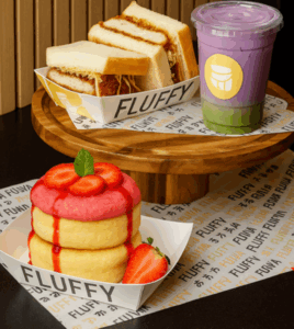 Fluffy Fluffy Go! Sweet and Savory Combo. Strawberry pancake + Katsu Sando