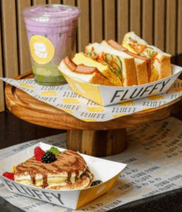 Fluffy Fluffy Go! Sweet and Savory Combo. Tiramisu pancake + Tamago Egg and Spam Sando